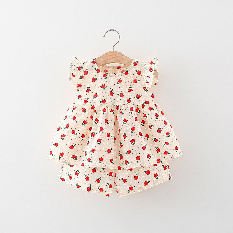 Girls&#039; new summer suit with western style and polka dots printed back, big wings, flying sleeve skirt and cute cotton shorts. 0.3kg