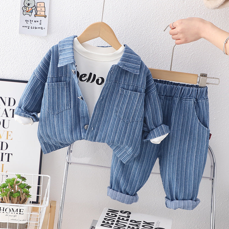 Boys Spring and Autumn Vertical Pattern Denim Set New Children's Sports Spring Clothing Baby Western Spring Three Piece Set Tide 0.3KG