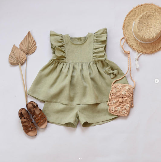 A 24ins cotton and linen baby girl set, summer sleeveless vest skirt top, four corner shorts, girl two-piece set, ins cross-border