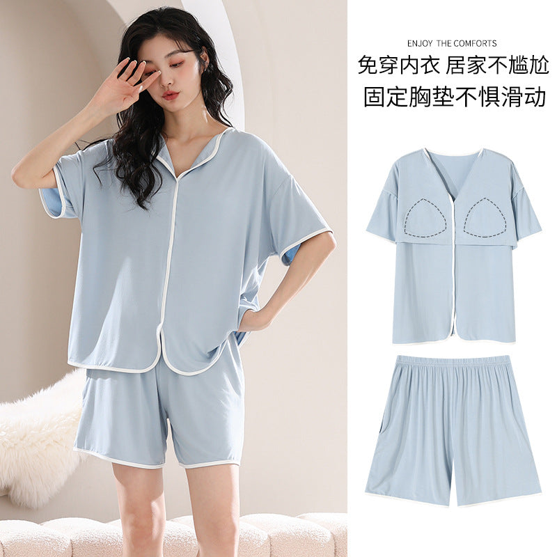 A 2024 Modal pajamas women's summer thin short-sleeved shorts anti-bumps with chest pads loungewear suit can be worn outside