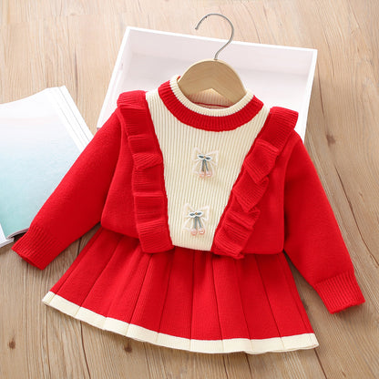 A Girls sweater set  autumn and winter new sweet wood ear ear knitted long -sleeved sleeve two -piece tide