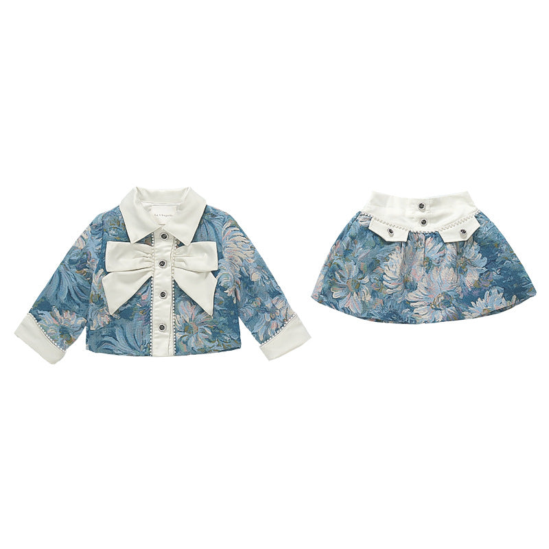 Traje de niña con fragancia pequeña, traje de primavera, nueva versión coreana para niñas, chaqueta con estampado floral, falda, conjunto de dos piezas, 0,49 kg 