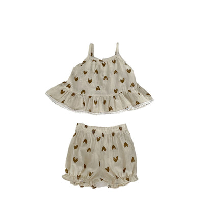 A 2024 summer new baby 0-3 years old baby cute heart-shaped suspender top+bread pants 2-piece suit