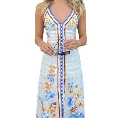 A 2024 summer Amazon fashion temperament sleeveless women's vacation sea chic print hanging collar women's dress