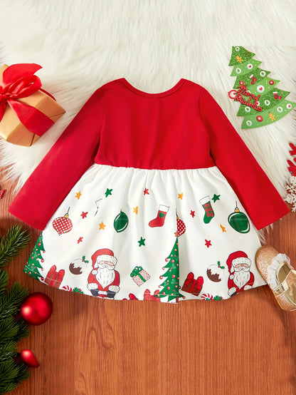 A ins cross-border new baby spring and autumn long-sleeved dress, Santa Claus printed bow decorative dress