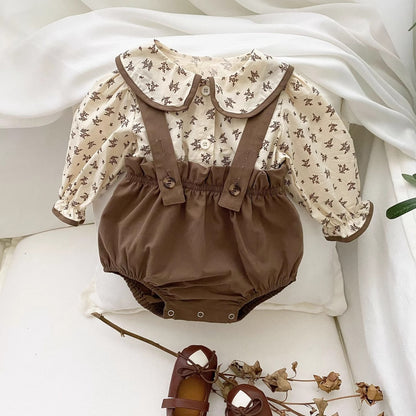 Baby suit new Korean western style clothes baby doll shirt floral top strap bag fart pants two-piece suit