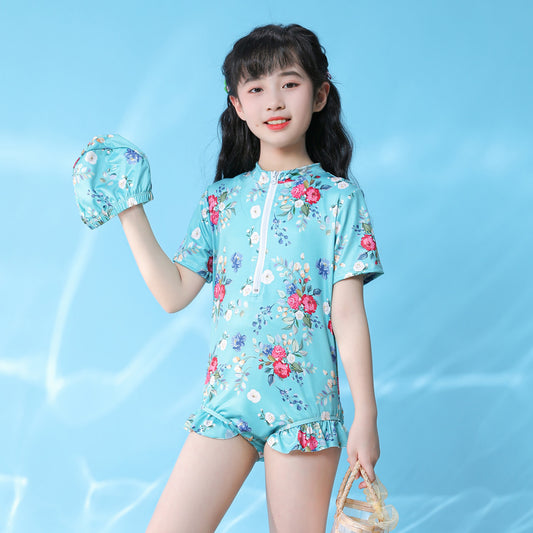 A CHILDREN'S SHORT SLEEVE TRIANGLE SWIMSUIT BABY GIRL ONE-PIECE SPA SWIMSUIT FLORAL BIKINI RUFFLE BEACH SURFSUIT 0.11KG