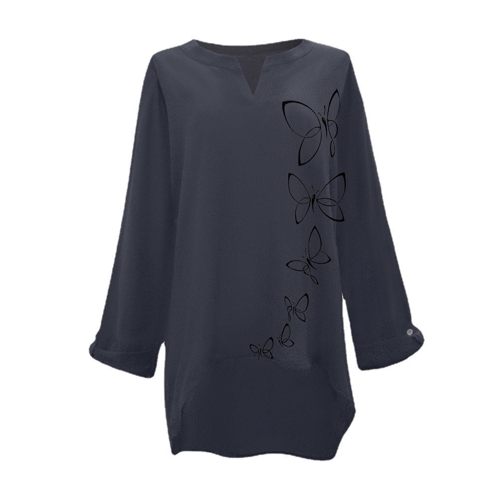 Camisa holgada informal de moda de longitud media con cuello en V y estampado nuevo de otoño para mujer 