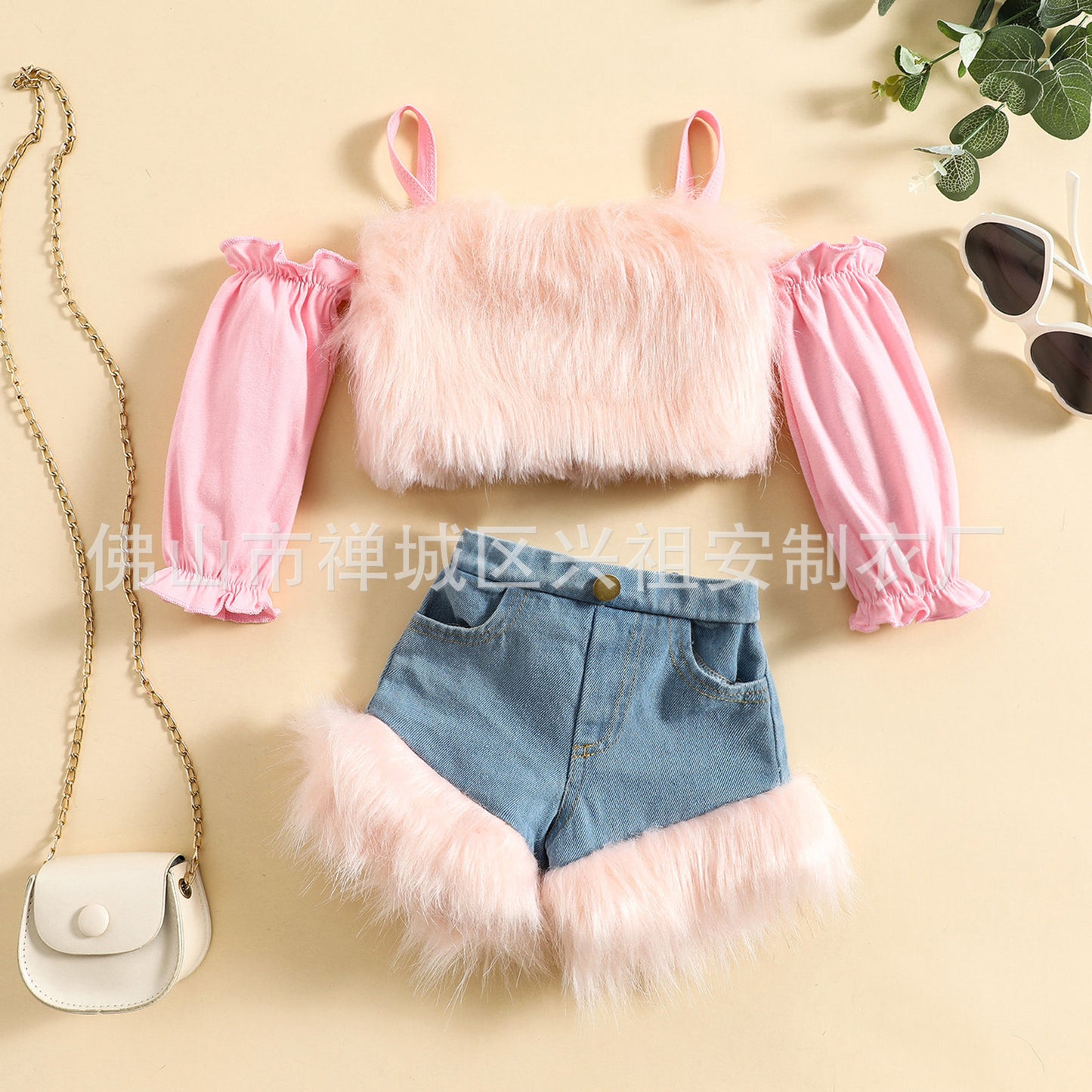 Autumn/Winter New Strap Off Shoulder Top Denim Set Winter Cross border Girls Fashion Fur Splicing Set