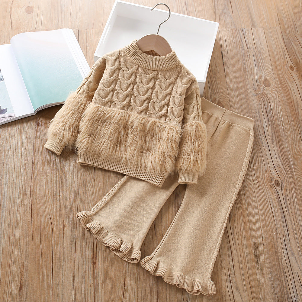 A girls sweater set autumn and winter new foreign style Korean version solid color twist fluff knitted long-sleeved pants two-piece set