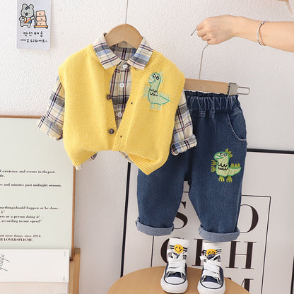 A autumn baby three-piece set manufacturer wholesale boys sweater vest plaid long sleeve primer dinosaur printed trousers