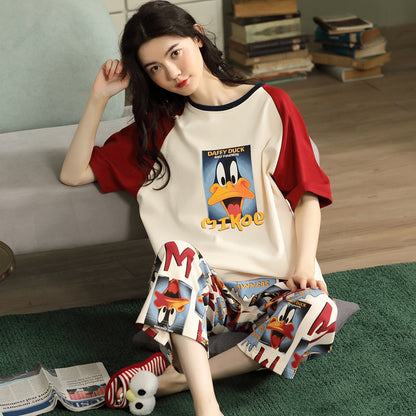 A pajamas women's summer cartoon pure cotton short-sleeved cropped pants casual loose round neck can be worn outside summer loungewear suit