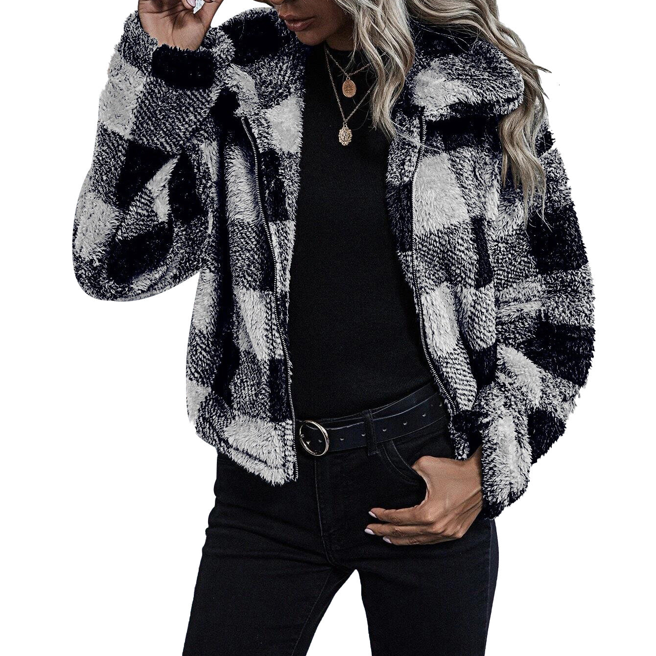 Plush Jacket Women's Fashion Lapel Plaid Zipper Shirt Winter Top