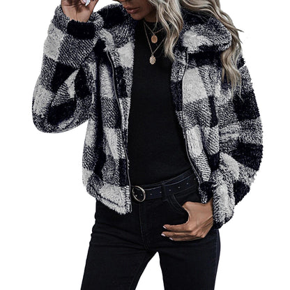 Chaqueta de felpa para mujer, camisa de cuadros con solapa y cremallera, top de invierno