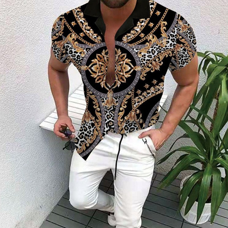 A 2023 Cross border Factory Direct Sales Summer New Ethnic Style Men's Short sleeved Shirts Ethnic Printed Cardigan Top