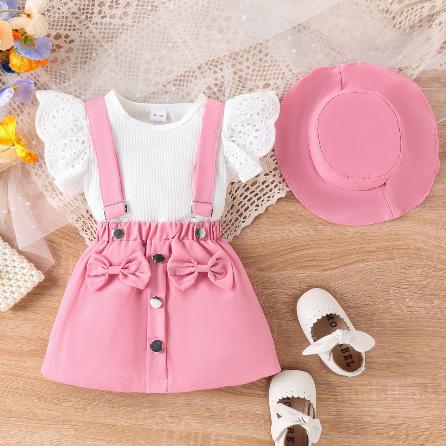 Amazon Spring/Summer New Children's Lace Flying Sleeves Top+Solid Color Strap Short Skirt+Hat Girls' Set