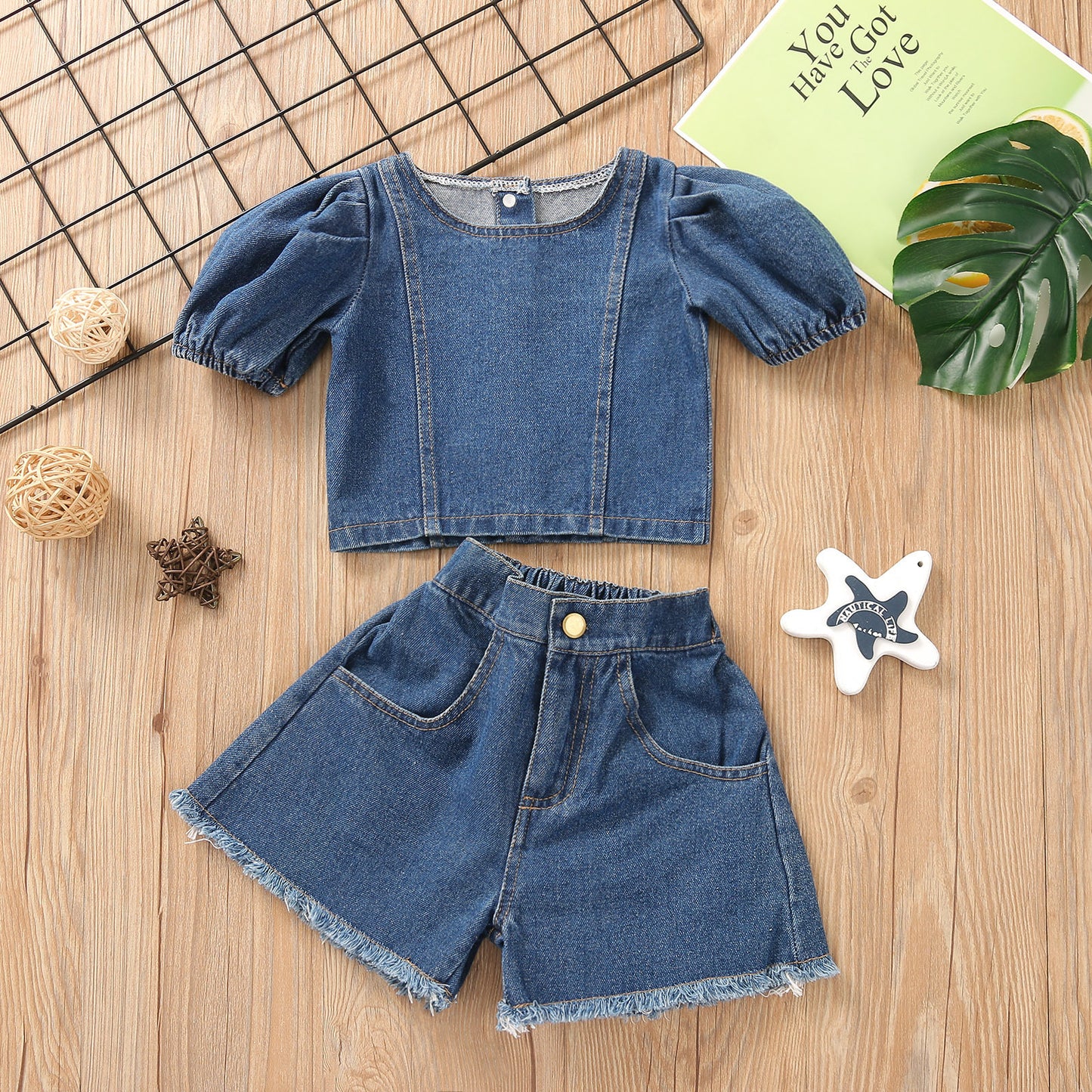 Girls summer fashion denim set, girls bubble sleeved short denim top+raw edge denim shorts 0.2kg