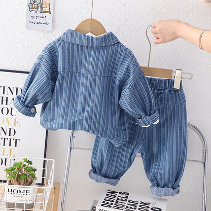 Boys Spring and Autumn Vertical Pattern Denim Set New Children's Sports Spring Clothing Baby Western Spring Three Piece Set Tide 0.3KG