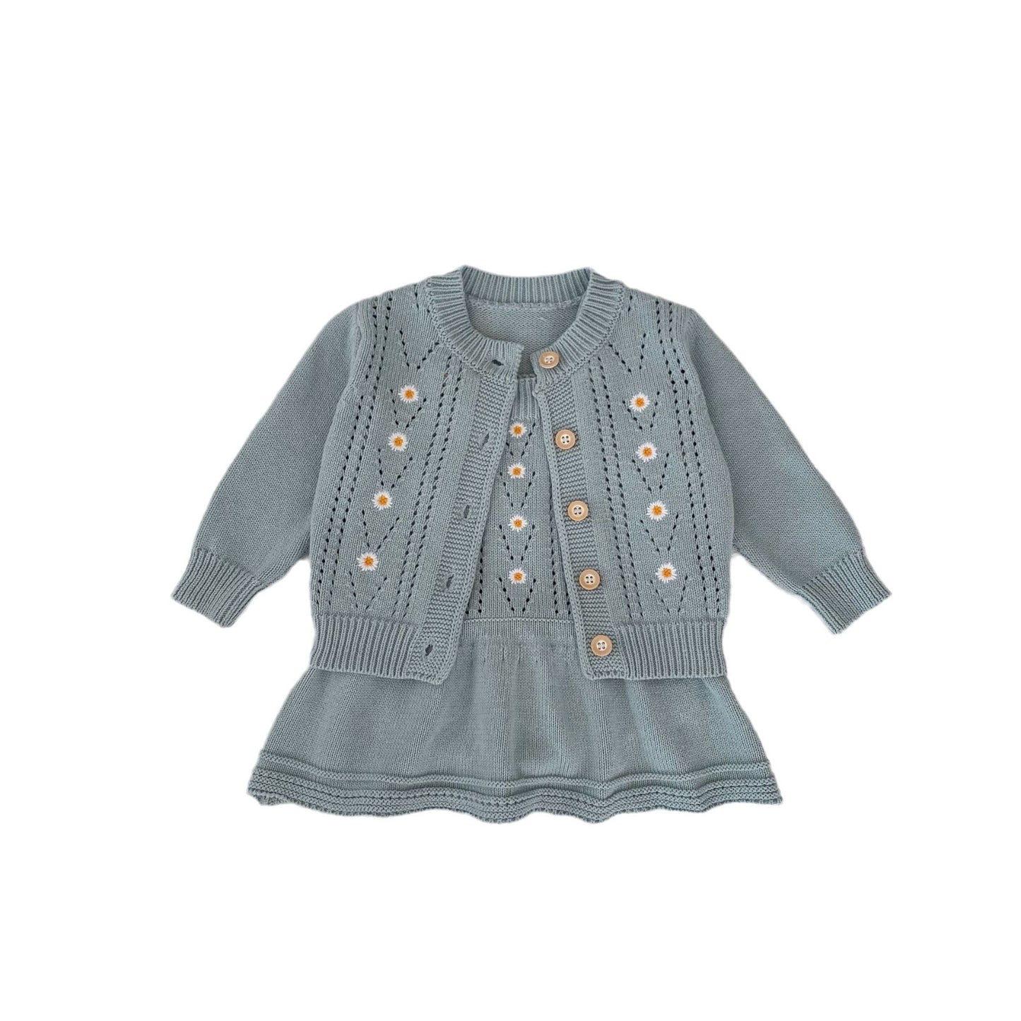 A Autumn and winter infants and baby girls, daisy embroidered hollow knitted jacket + knitted suspender skirt can be sorted