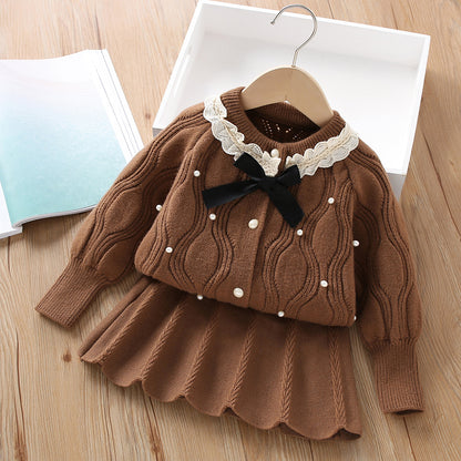 A girls sweater set autumn and winter new Korean version fashionable solid color bead bow knitted cardigan short skirt two