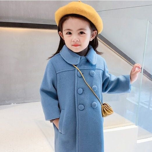 A girls woolen coat 2023 autumn and winter new children's Korean version lapel medium and long solid color woolen coat one piece hair