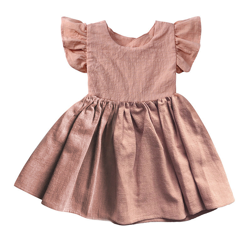 New Girls' Dress Baby Cotton Linen Solid Color Children's Dress Bow Princess Dress Fluffy Dress 0.123kg