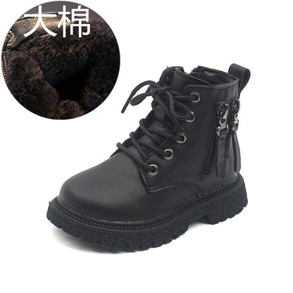 A autumn and winter new children's velvet Martin boots British style boys warm small leather shoes girls large cotton fashion short boots