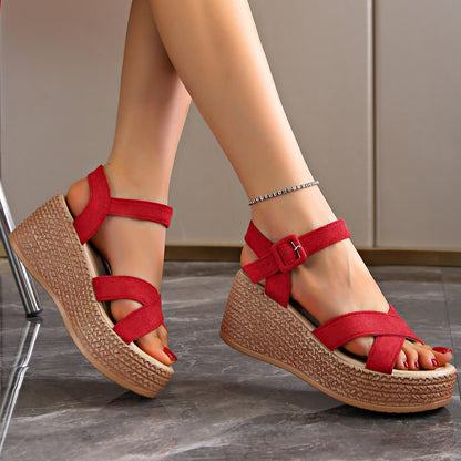 A Sandals Women's Foreign Trade Large Size 2022 Summer New Pine Cake Slope Heel Thick Sole Sandals Waterproof Platform Suede Women's Sandals