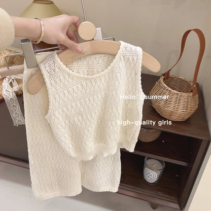 A popular children's clothing set for girls, thin and trendy knit set, 2024 summer women's treasure hollowed out vest, wide leg pants, two-piece set, trendy 0.1KG