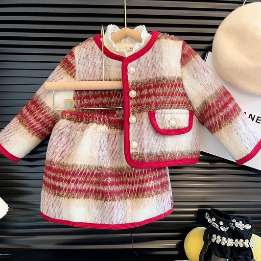 Conjunto de dos piezas de falda gruesa de lana y algodón de estilo nuevo de invierno para niñas 