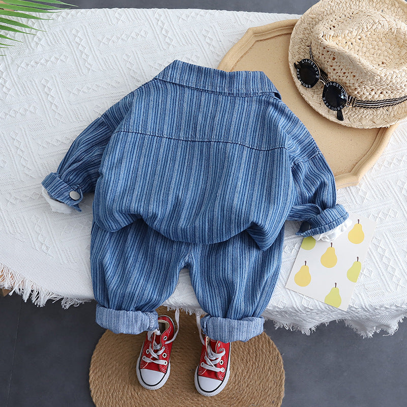 Boys Spring and Autumn Vertical Pattern Denim Set New Children's Sports Spring Clothing Baby Western Spring Three Piece Set Tide 0.3KG