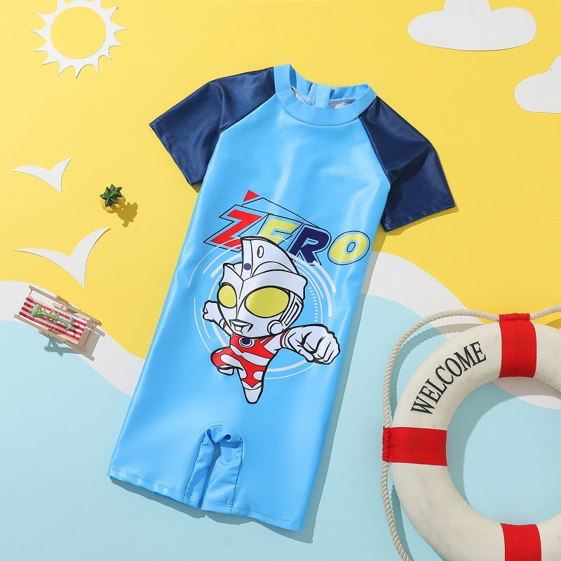 A children's swimsuit, boys and girls, one piece short sleeved sports swimsuit, middle and large children's student cartoon casual swimsuit wholesale 0.14KG