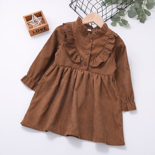 Vestido infantil de primavera y otoño, versión coreana, manga larga, cuello de encaje, color sólido, ropa infantil 