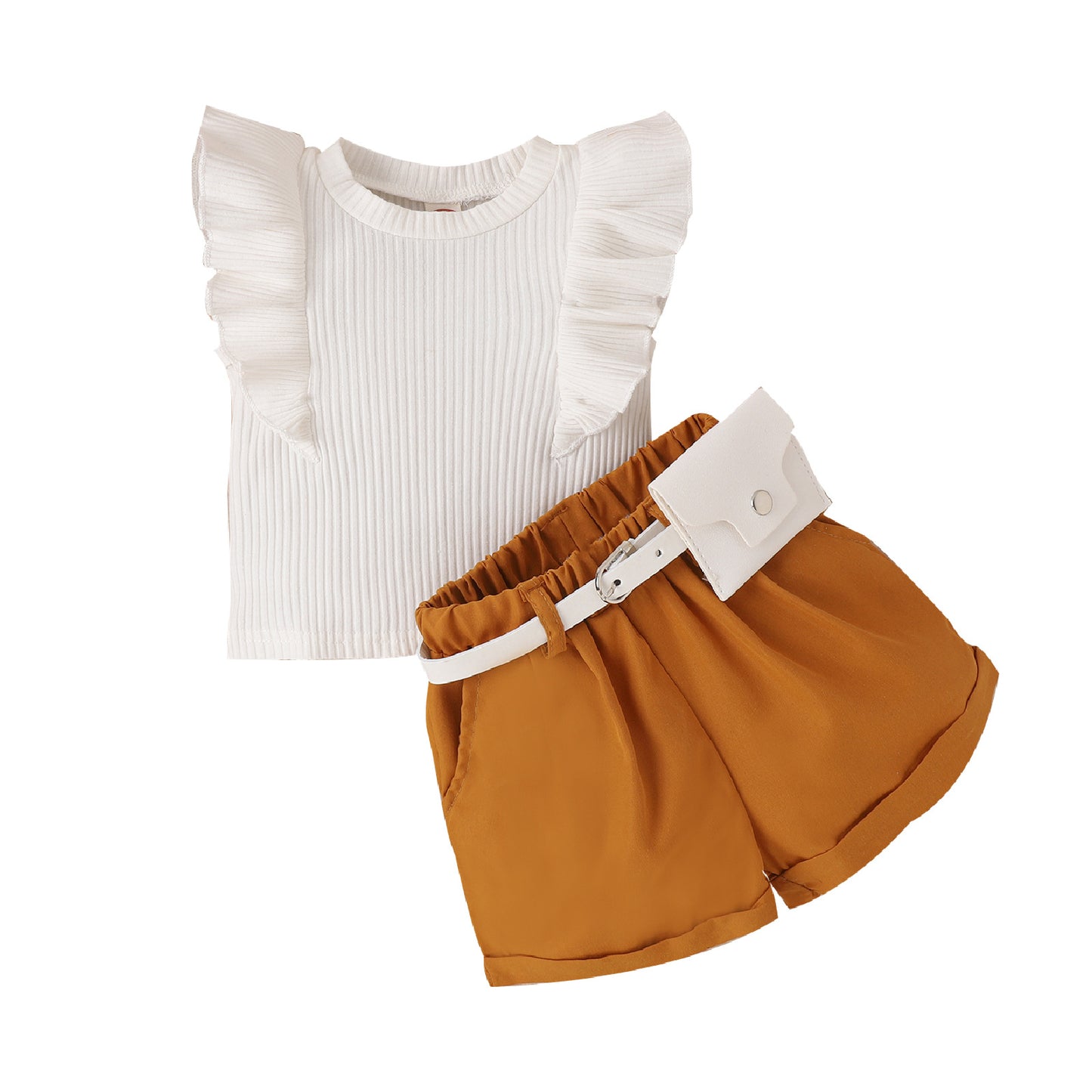 Conjunto de ropa para niños Tengxin Amazon Primavera/Verano para niñas de talla pequeña y mediana, de algodón, con rayas en los lados, mangas voladoras, pantalones cortos de color liso y riñonera