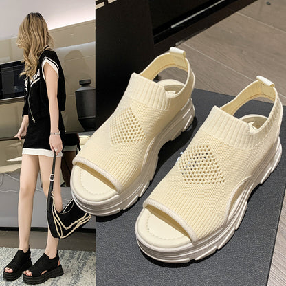 A 2024 summer new sports sandals female Korean version of breathable platform sandals hollow elastic mesh flying socks and shoes 0.7KG