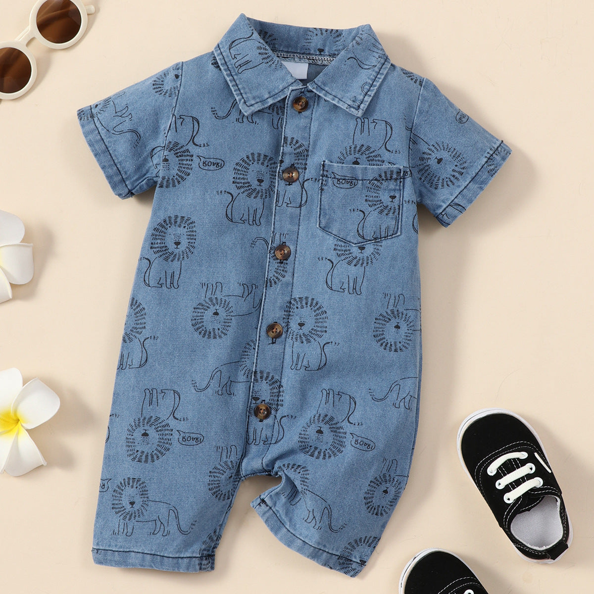 Small, medium and boys, summer lapel, single-breasted, cartoon, little lion print, denim, one-piece crawler, tide 0.2kg