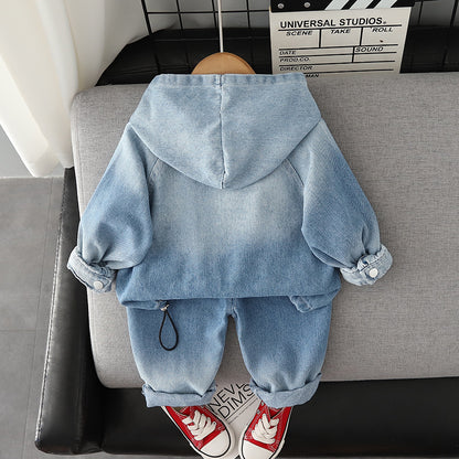 Trend boy long sleeve suit autumn Korean version of gradient hooded denim sweater casual pants for children in three-piece suit.