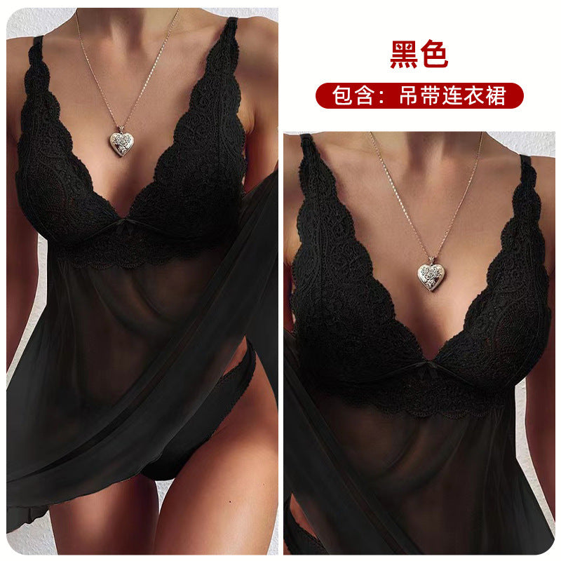 A Crispy Emotional and Fun Underwear for Foreign Trade in Europe and America, Export of Hanging Straps for Women's Sexy Lace Perspective, Elegant and Sexy Pajama Set