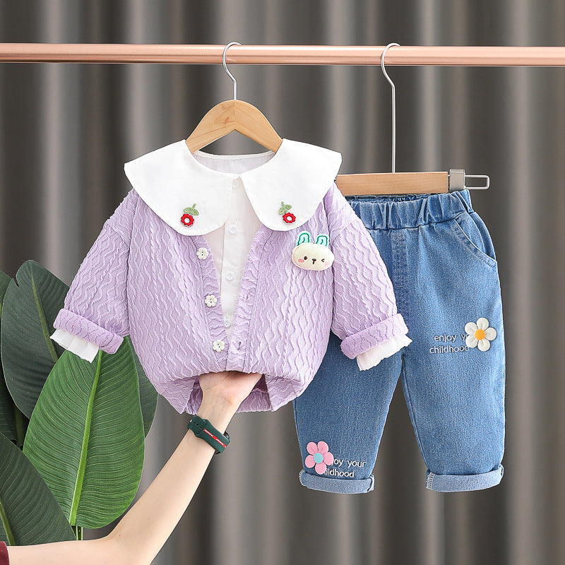 Girls autumn outfit set, new trendy shirt, cardigan, jeans, three piece set, baby long sleeved jacket 0.3kg