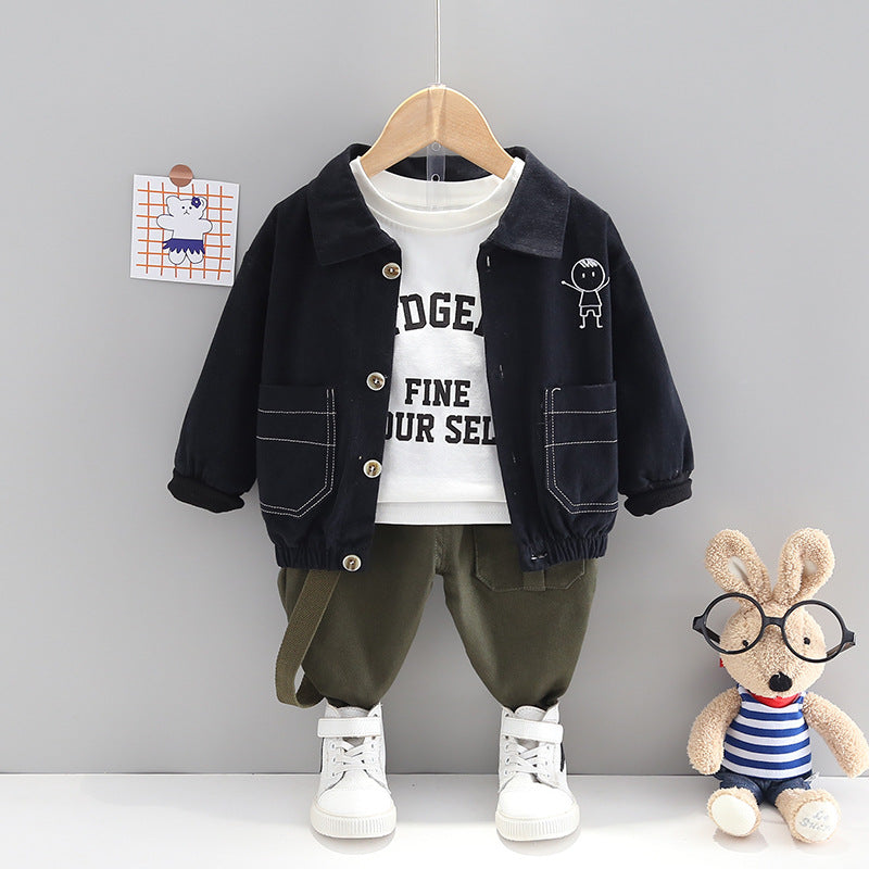 A children's clothing small and medium-sized children's labor suit three piece set, 1-4 year old boys suit collar jacket jacket jacket casual pants bottom shirt set, 0.3kg