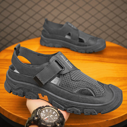 A 2024 Summer Driving Shoes Men's One Step Breathable Sandals Soft Sole Hollow Leisure Shoes Baotou Outdoor Mesh Shoes