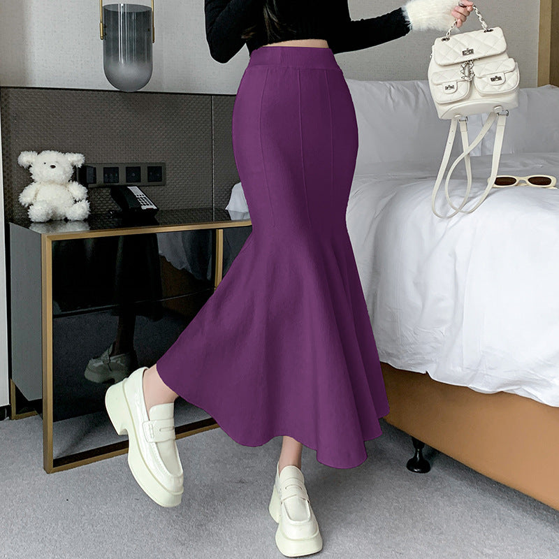 Knitted half length skirt for women in autumn and winter , new sweet and slim fit fishtail skirt, thickened and long, buttocks wrapped skirt(Weight:0.55kg)