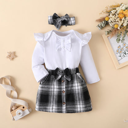 A Baby Set Autumn Long Sleeve Triangle Romper Cross-border Plaid Skirt Baby Girl Two-piece Set Foshan Children's Clothing