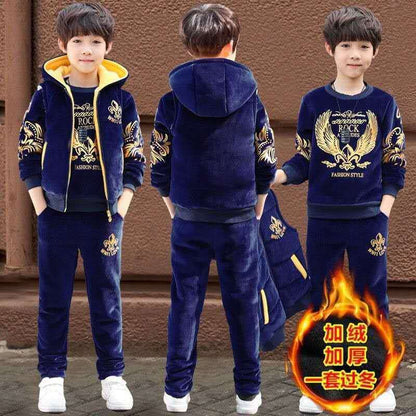 A three-piece boys fleece thicker suit medium and large children's autumn and winter clothes handsome Internet celebrity sports tide children's clothing boys