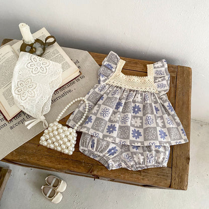 A Enge children's clothing summer all cotton breathable baby clothes fly sleeve plaid set wide swing top+shorts two-piece set