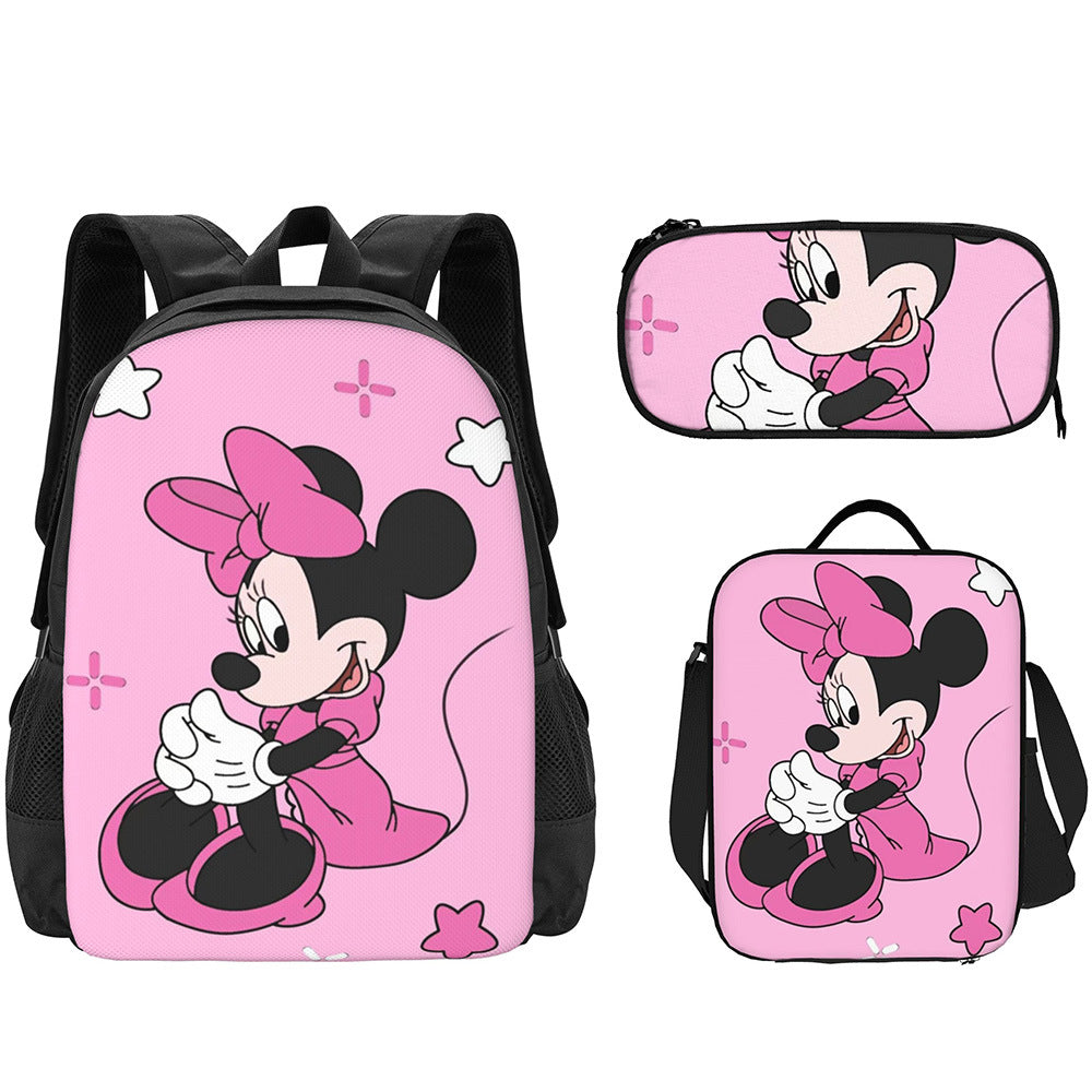 Mochila escolar de Mickey, estuche para lápices de primaria, bolsa de comida, mochila para niños de venta caliente transfronteriza, mochila para niños de jardín de infantes, conjunto de tres piezas para mujer 