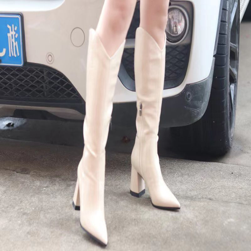 A but knee boots women wear autumn and winter 2023 pointed thick heel knight boots Chelsea V-mouth thin boots