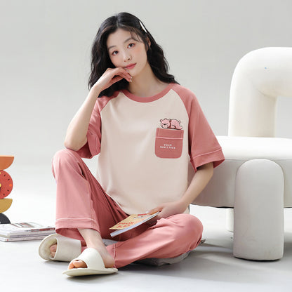 A pajamas women's summer women's pure cotton thin cool short-sleeved trousers round neck summer large-size women's loungewear suit