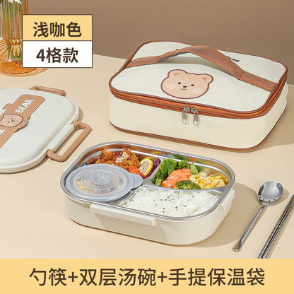 A 304 stainless steel insulated lunch box divided into two cute student compartments, sealed bento box with lid, lunch box