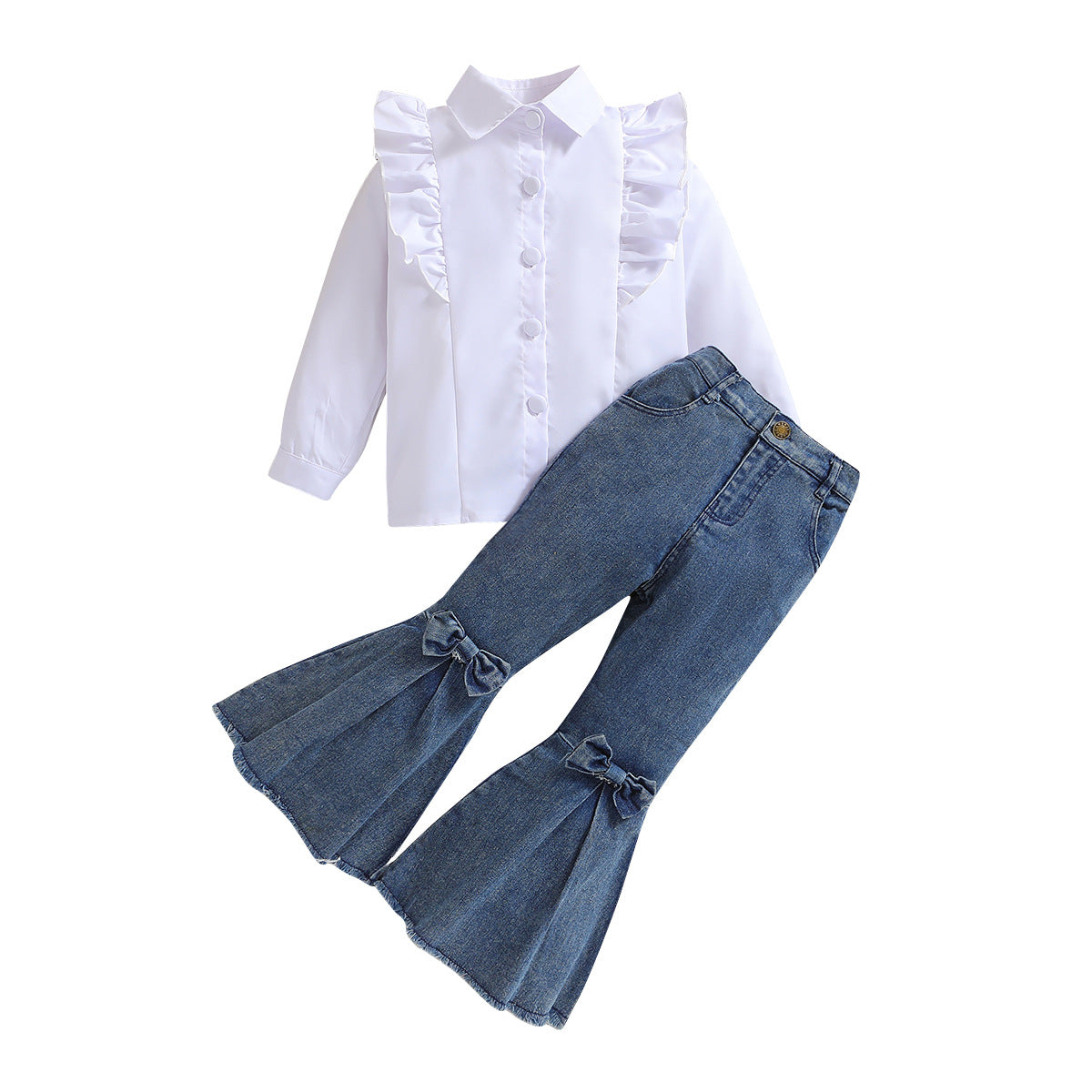 Conjunto de ropa infantil de otoño para niña, nuevo conjunto de camisa con volantes y pantalones acampanados de mezclilla con lazo, conjunto (PESO 0,32 KG) 